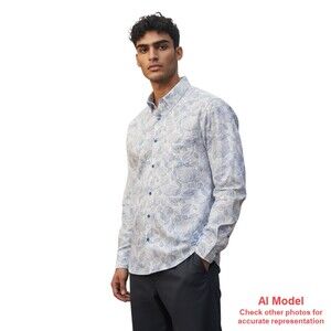 English Laundry Mens XL L/S Dress Shirt Leaf Pattern Blue White Cotton